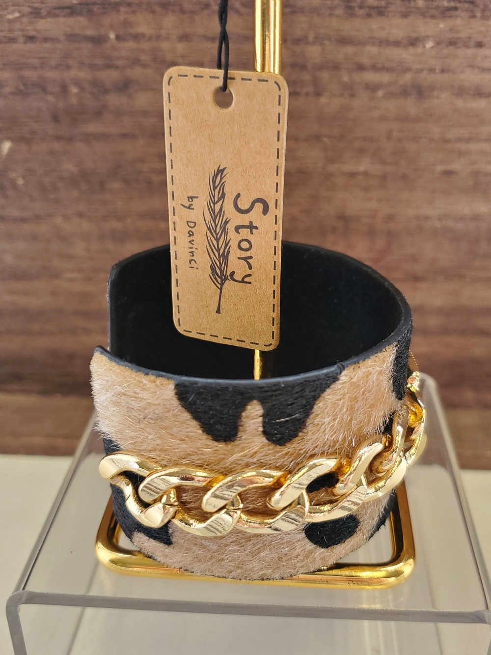 Black & Cream Faux Animal Print Cuff Bracelet with Gold Bee Accent - Picture 3 of 5